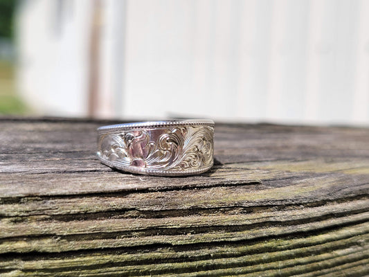 Wild Flower: tapered white gold or sterling silver floral carved hand-engraved ring, women's western jewelry