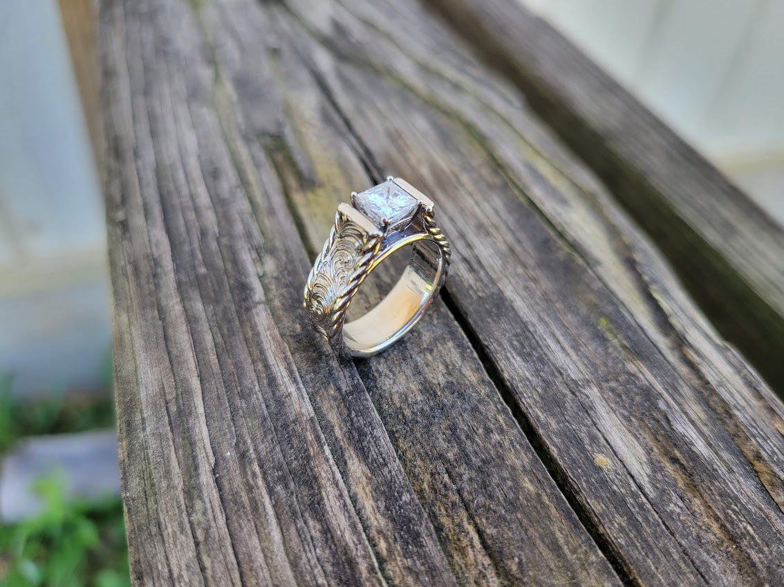 Rope Edge Cathedral Ring with Princess Billiant Cut 1ct Moissanite Gemstone, Engagement Ring, Anniversary Gift