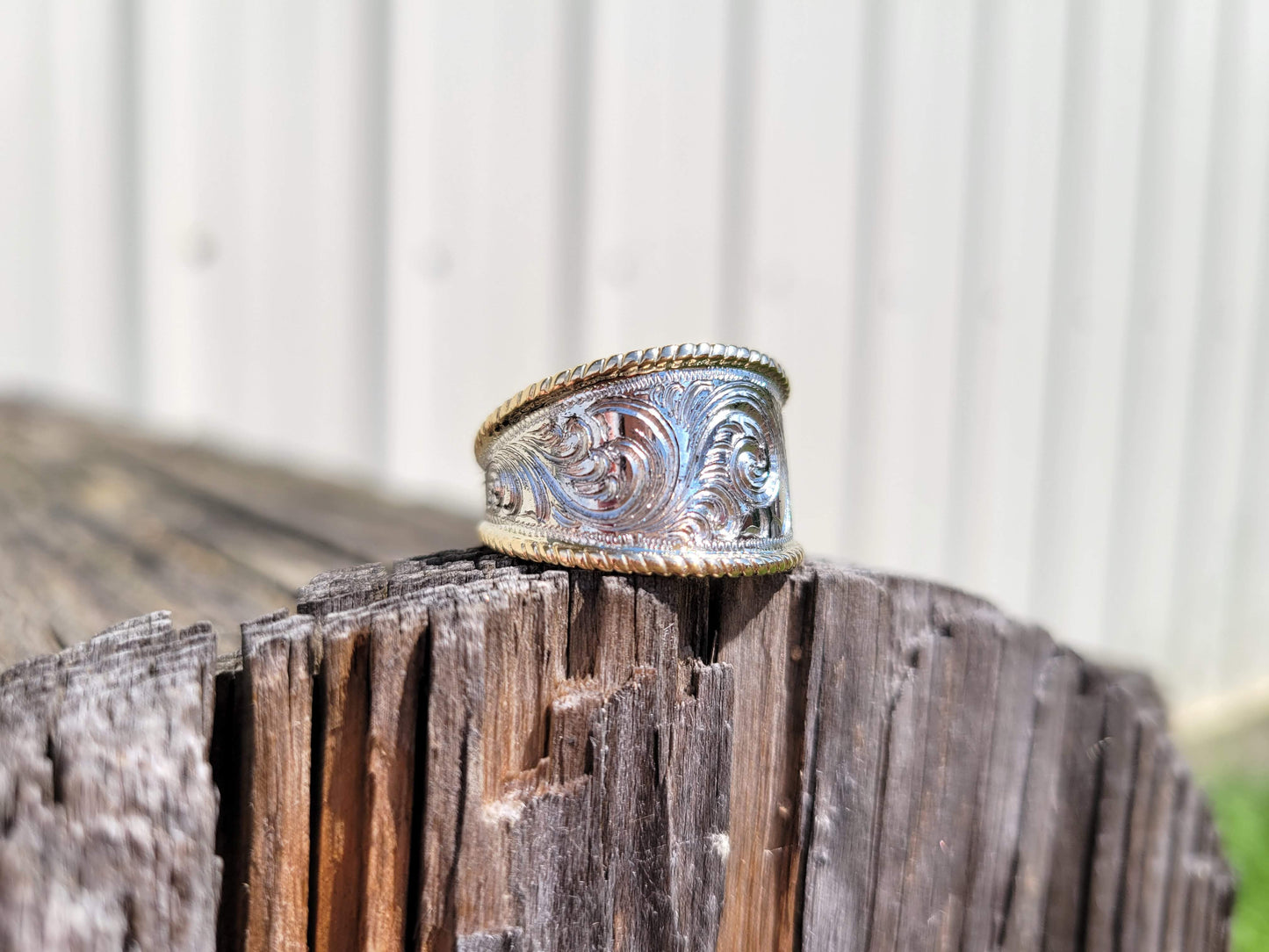 Beautiful Yellow and White Gold Hand Engraved Band, Rope Detail, Anniversary Ring, Gift for Her