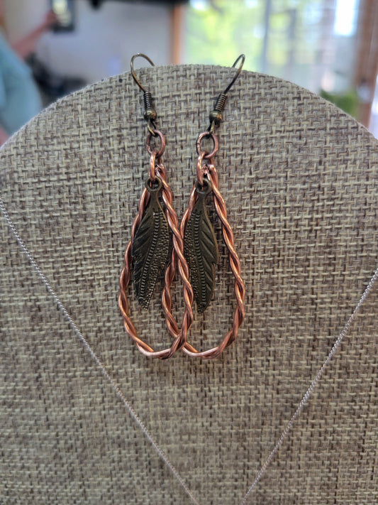 Feather and twisted wire dangle earrings in Copper and Antique Brass, teardrop earrings, Gift for her