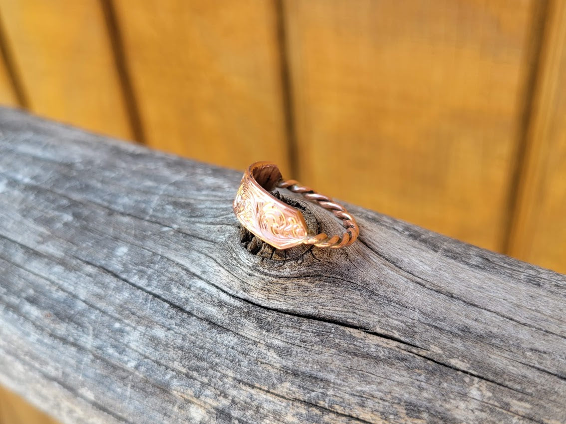 The Kit: Copper Western Engraved Signet ring with Rope Band, Bridesmaids Rings, Gift for her,
