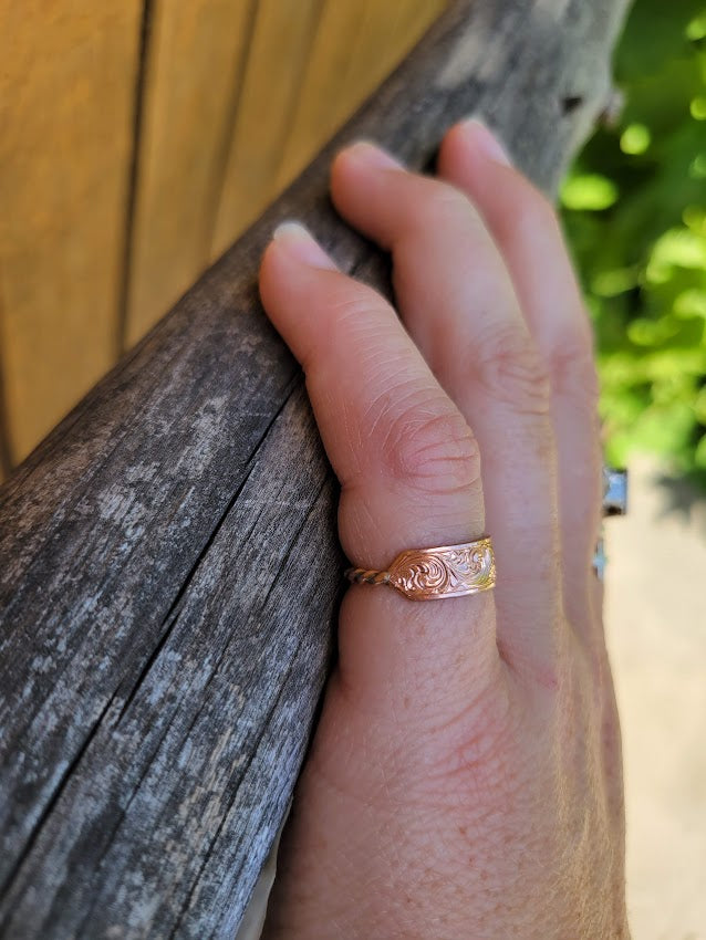 The Kit: Copper Western Engraved Signet ring with Rope Band, Bridesmaids Rings, Gift for her,