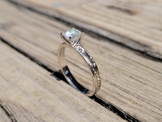 IMMEDIATE SHIP Talia- Size 7.5 Sterling Silver With 10k White Gold Setting and 1.25ct Moissanite, Engagement Ring with 1ct Brilliant cut Moissanite Princess Stone, Western Engagement Ring (Copy)