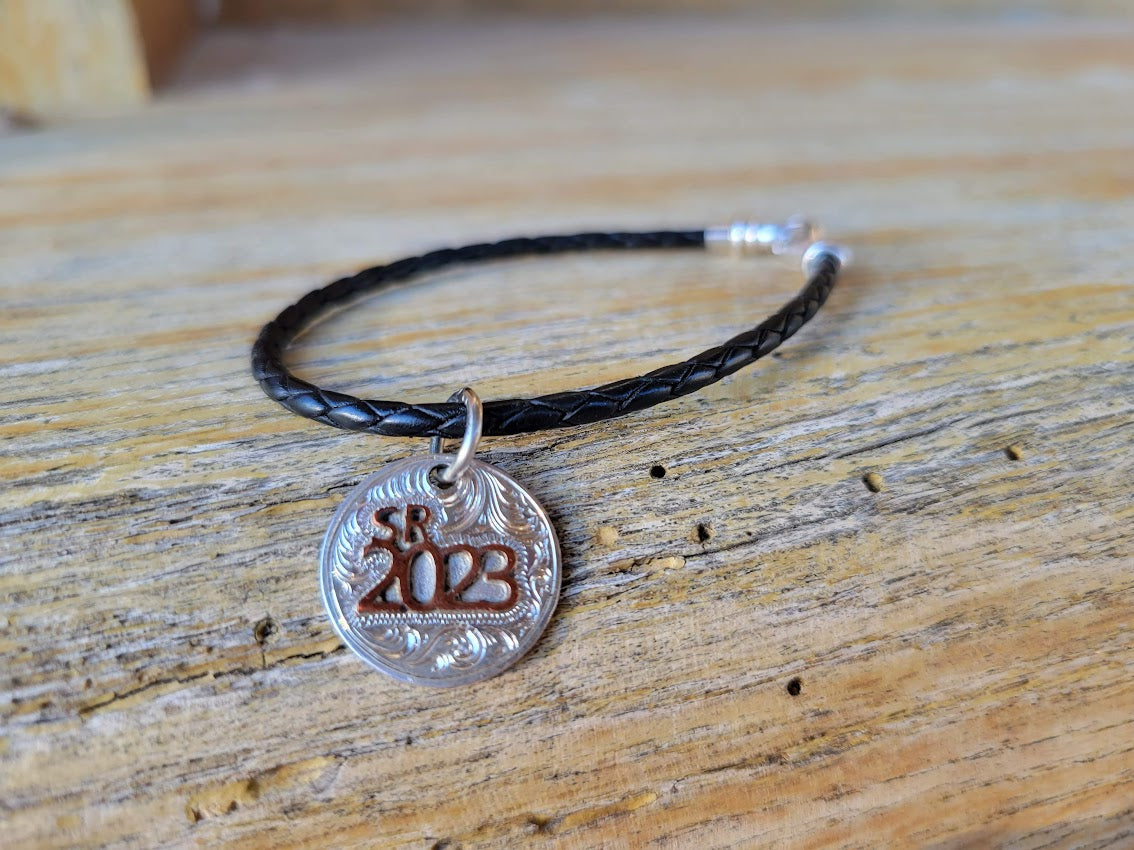 High School Senior Gift, SR 2023 Charm Bracelet in Leather and Sterling Silver