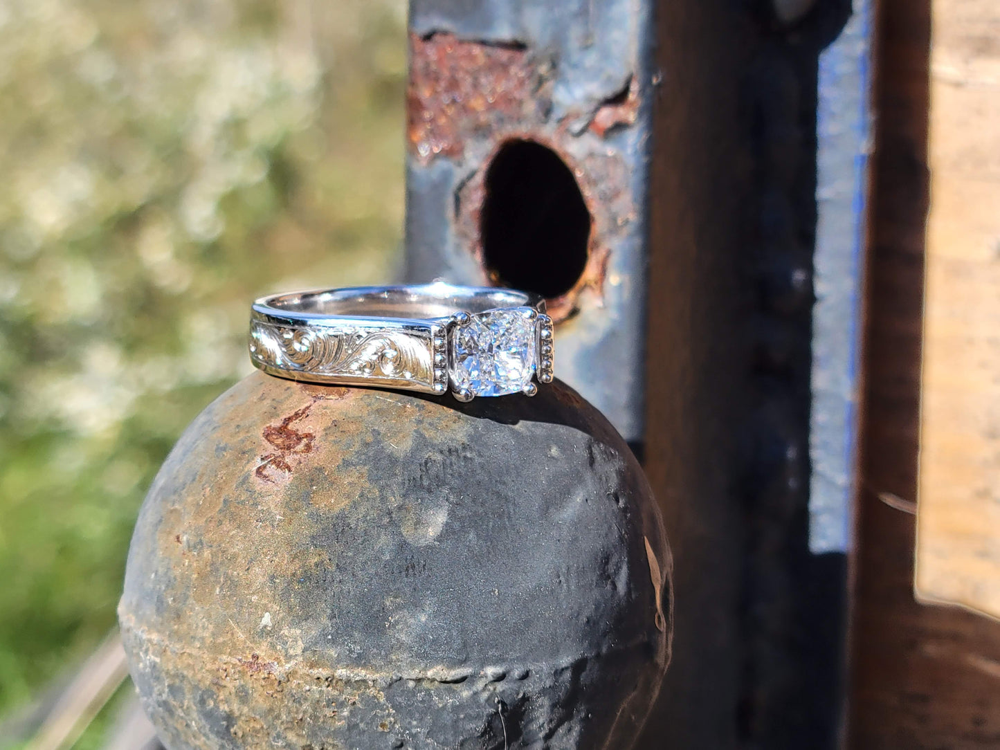 Cushion set Cathedral Engagement Ring, Bead Edge Detail and Fully Hand Egraved 10K White Gold