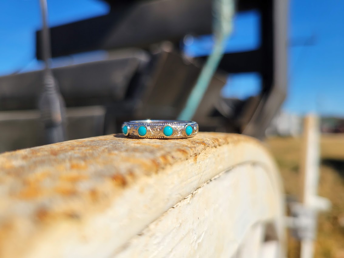 Genuine Turquoise and White Gold Wedding Band, Cowgirl Ring, Western Wedding Band,