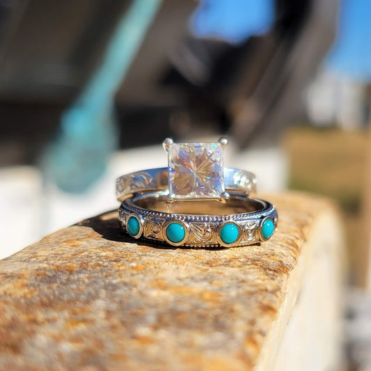 Genuine Turquoise and White Gold Wedding Band, Cowgirl Ring, Western Wedding Band,