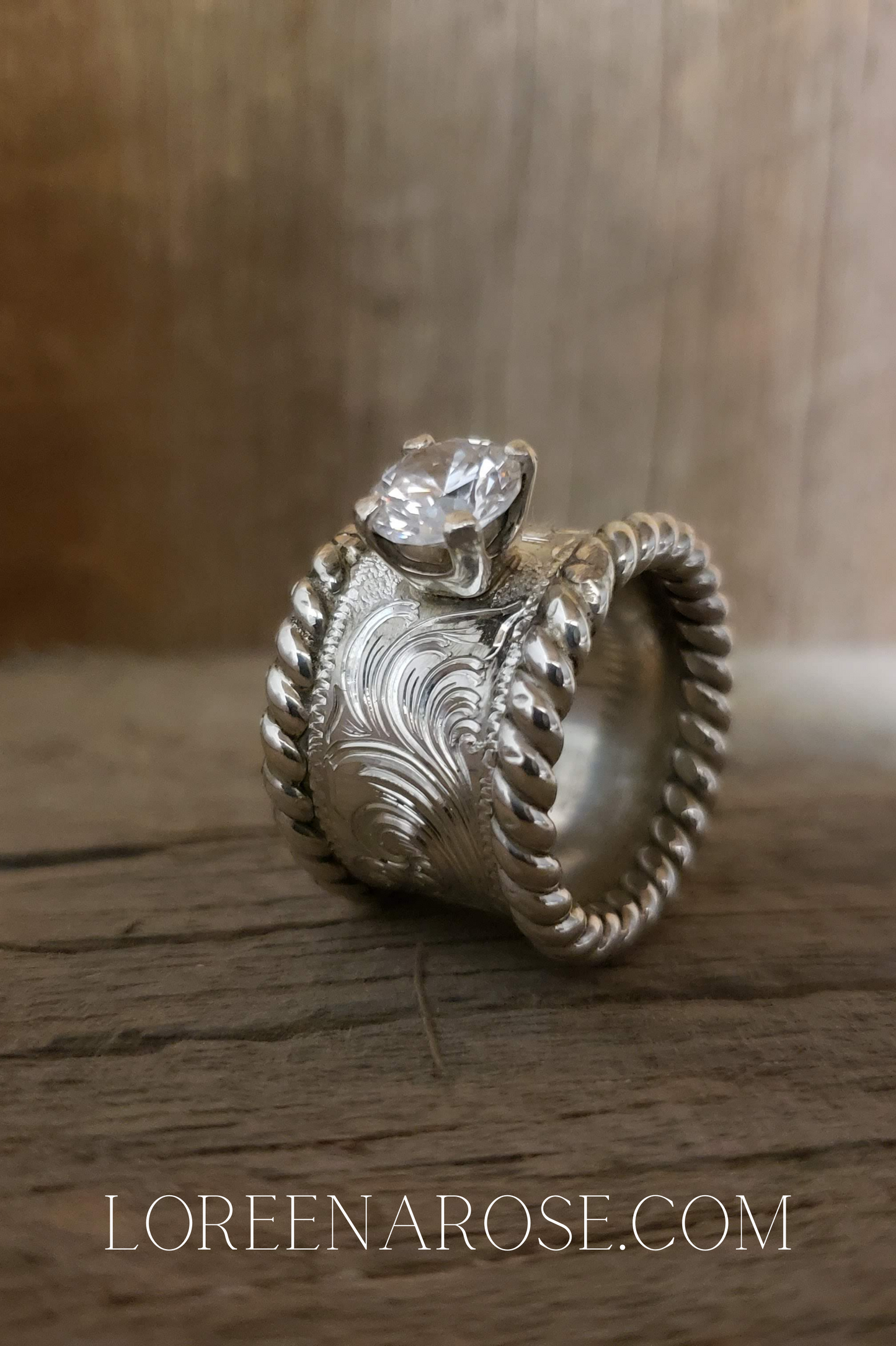 Unique Sterling Silver Western Engagement Ring, Wedding Band, Round Stone, Hand Engraved, Bridal Jewelry, Anniversary Gift For Her, by Loreena Rose