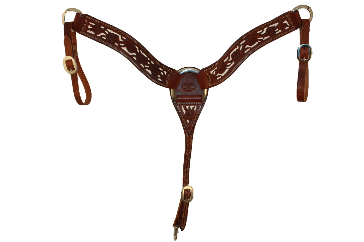 Picture of C&L Chocolate 3 Piece Oak Leaf Tooled Breast Collar with white inlay BC000005