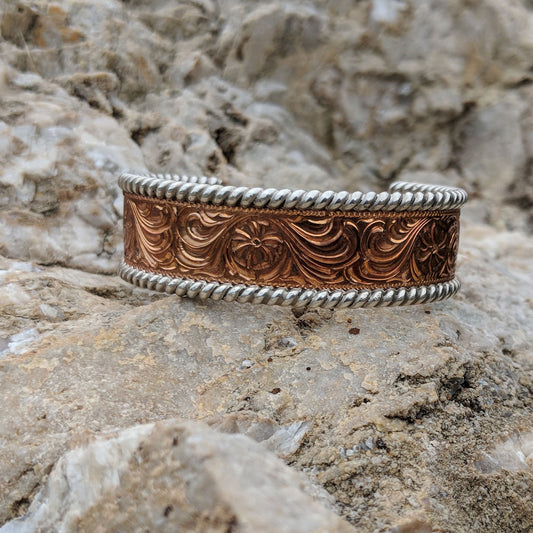 Copper Engraved Western Bracelet, Silver "rope" edges Design BRC00012 by Loreena Rose
