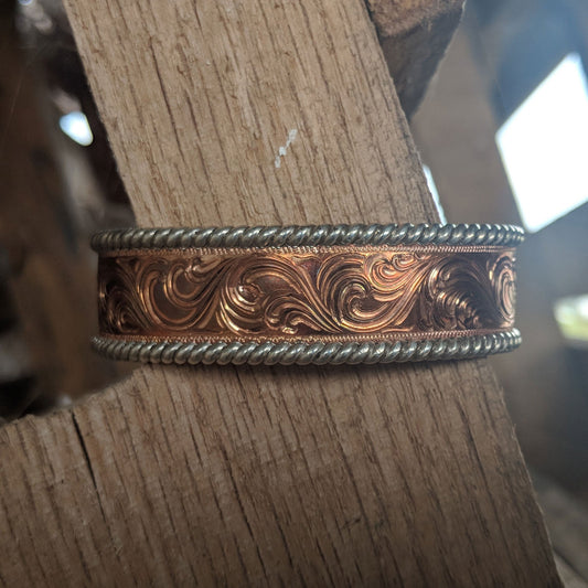 Copper Engraved Western Bracelet, Sterling Silver Rope Edge, Cuff Style, Design BRC00015 by Loreena Rose