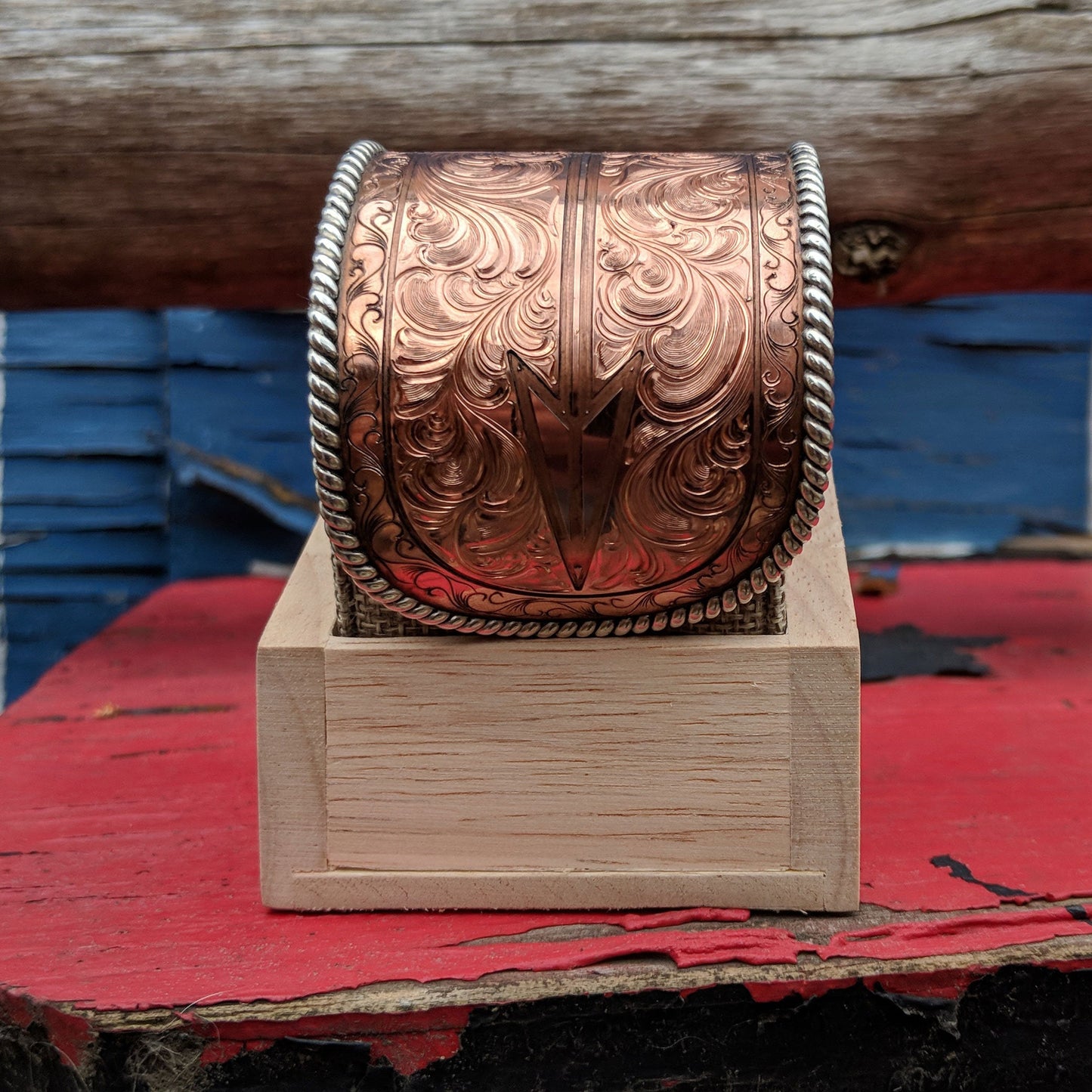 Copper Engraved Bracelet, Sterling Silver Rope Edge, Cuff Style, Western Bracelet Design BRC00020 by Loreena Rose