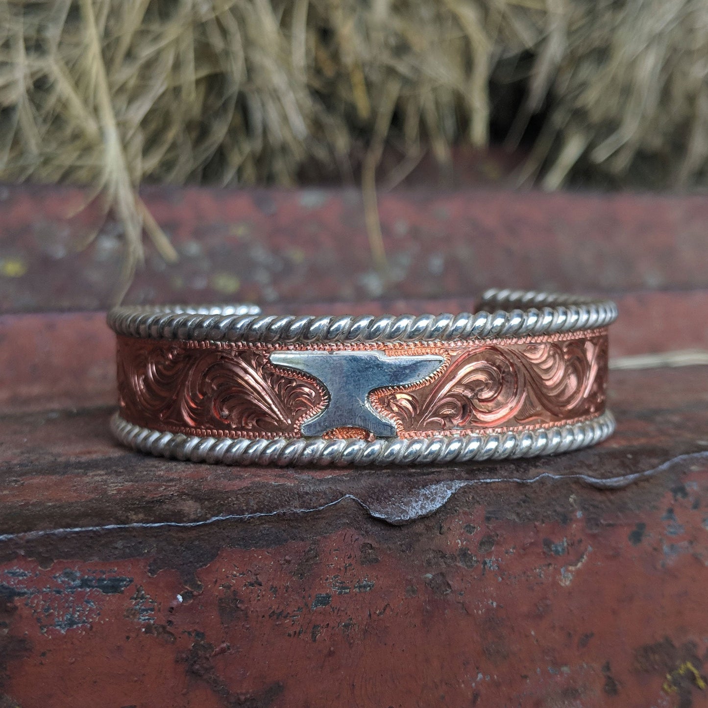 Copper Engraved Western Bracelet, Sterling Silver Rope Edge, Cuff Style, Design BRC00022 by Loreena Rose