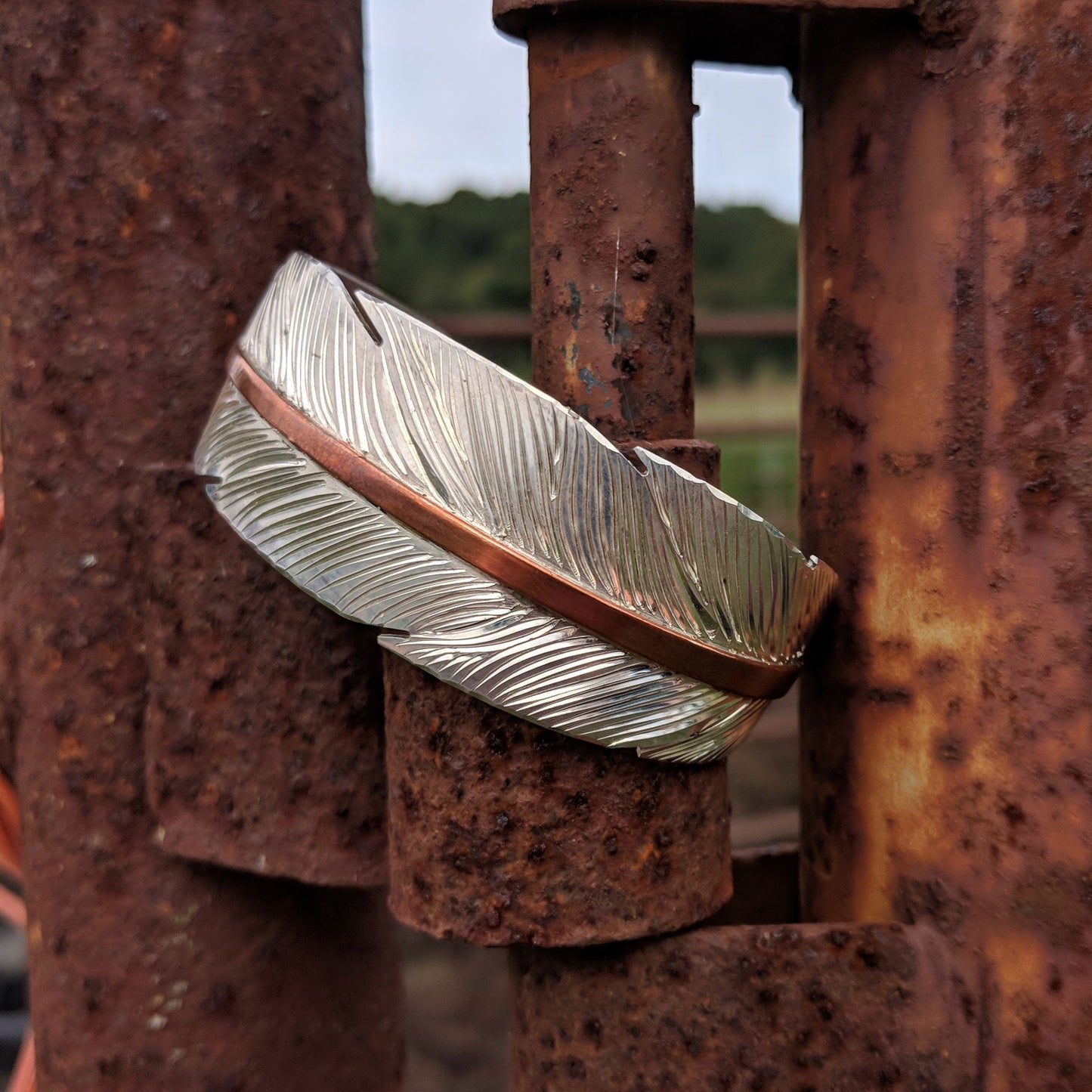 The Wren with Copper Center: Sterling Silver Feather Engraved Bracelet, For Her, Western Cuff Bracelet, Bird Inspired Jewelry