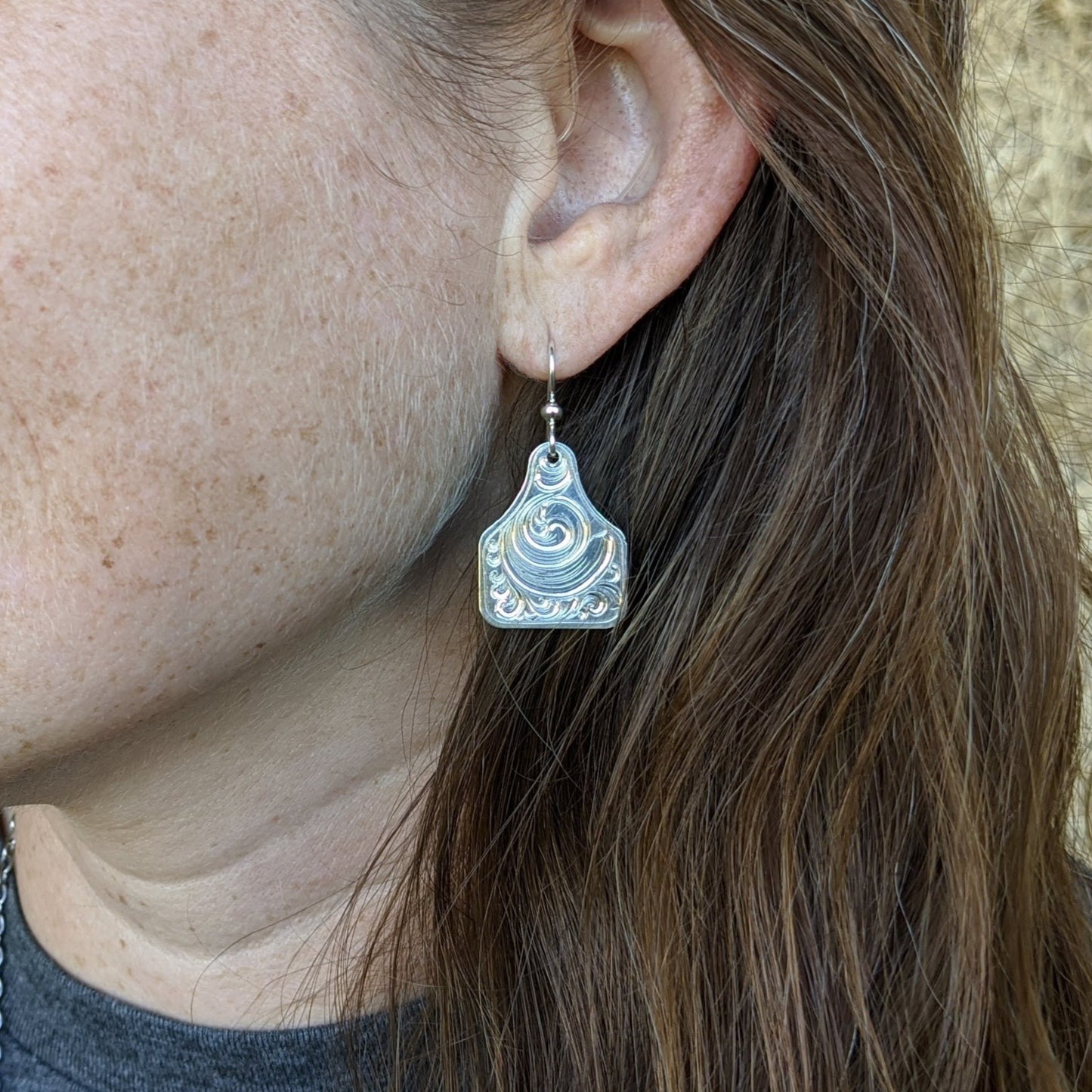 Sterling Silver Engraved Cow Tag Earrings, Western Earring Design EAR00003 by Loreena Rose