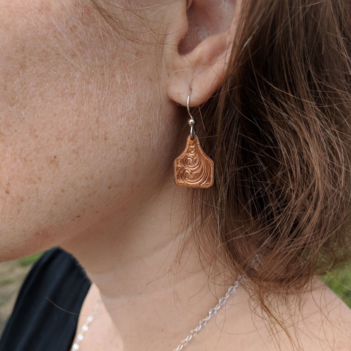 Copper Engraved Cow Tag Earrings, Western Earring Design EAR00004 by Loreena Rose