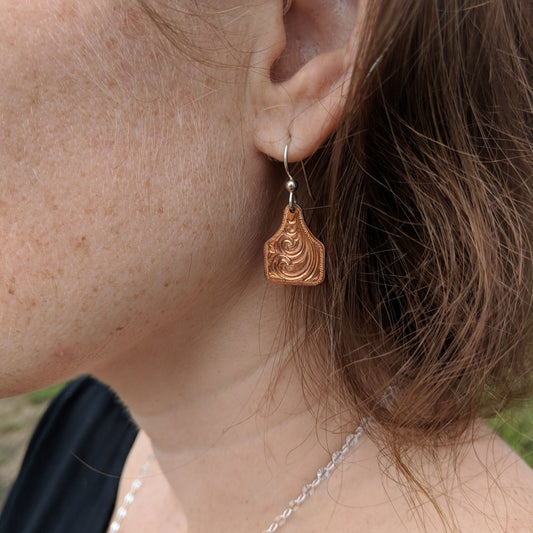 Copper Engraved Cow Tag Earrings, Western Earring Design EAR00004 by Loreena Rose