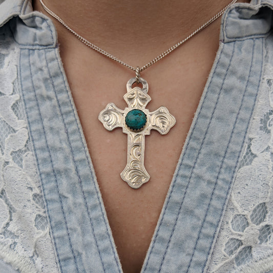 Sterling Silver Cross, Turquoise Engraved Western Pendant Design PND00001 by Loreena Rose