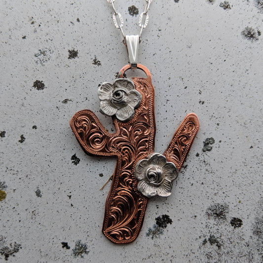 Cactus Engraved Copper Necklace, Western Cactus Pendant, Succulent Jewelry, Gift for Her, Design Flowers PND00003 by Loreena Rose