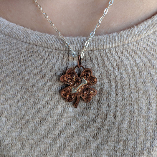 Copper 4-Leaf Clover,  Hand Engraved Shamrock Necklace, Silver Arrow Overlay Western Pendant, Personalized Design PND00005 by Loreena Rose