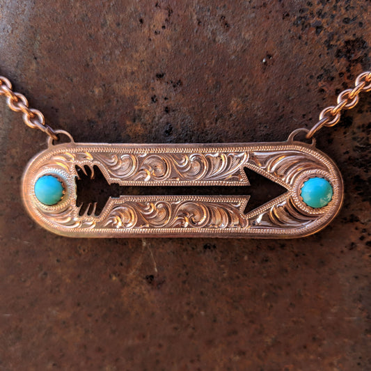 Copper Engraved Necklace, Arrow Cutout, Turquoise Western Pendant Design PND00006 by Loreena Rose