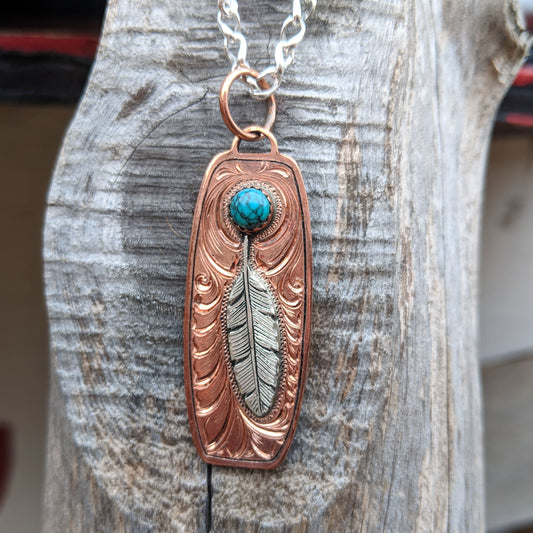 Copper Turquoise with Silver Feather Overlay Engraved Western Pendant Design PND00007 by Loreena Rose