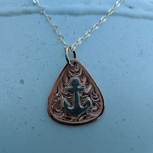 Copper Engraved Pendant, Silver Anchor Overlay, Western Design PND00008 by Loreena Rose