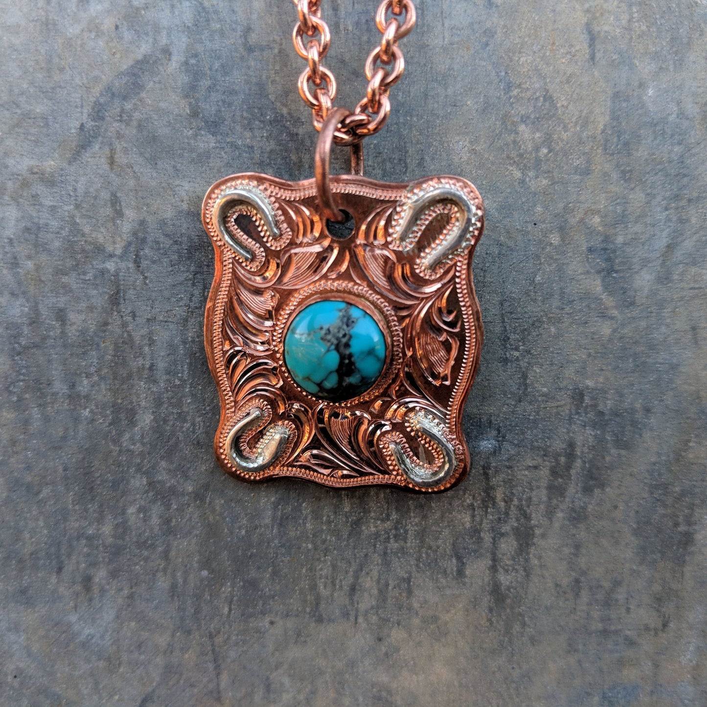 Copper Engraved Necklace, Turquoise with Horse Shoe Overlays, Western Pendant Design PND00009 by Loreena Rose