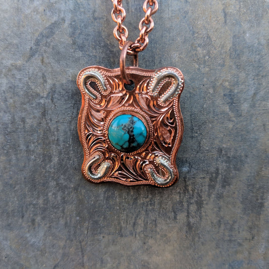 Copper Engraved Necklace, Turquoise with Horse Shoe Overlays, Western Pendant Design PND00009 by Loreena Rose