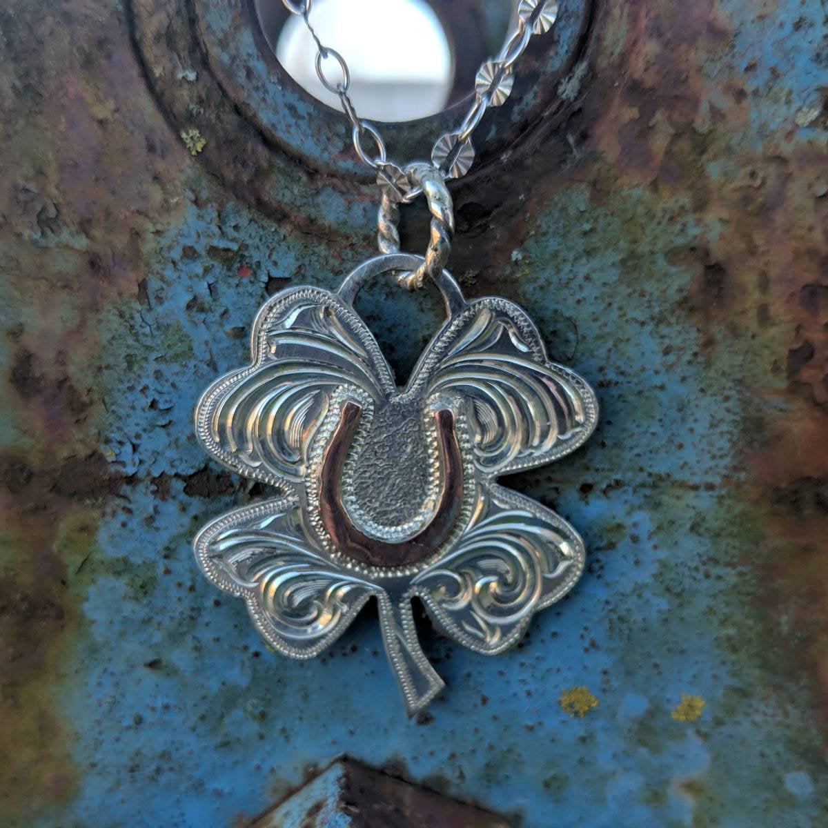 Sterling Silver 4-Leaf Clover, Copper Horse Shoe Overlay, Shamrock Jewelry, Engraved Western Pendant Design PND00012 by Loreena Rose