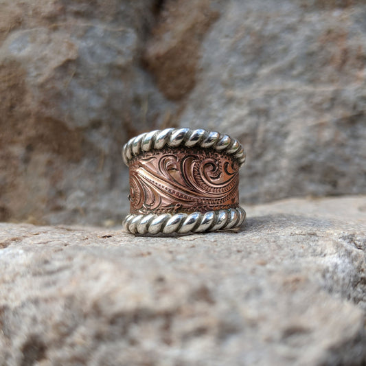 Copper Hand-Engraved Wriggle Line/Scroll Design, Sterling Silver Rope Edge, Western Ring Design RNG00015 by Loreena Rose