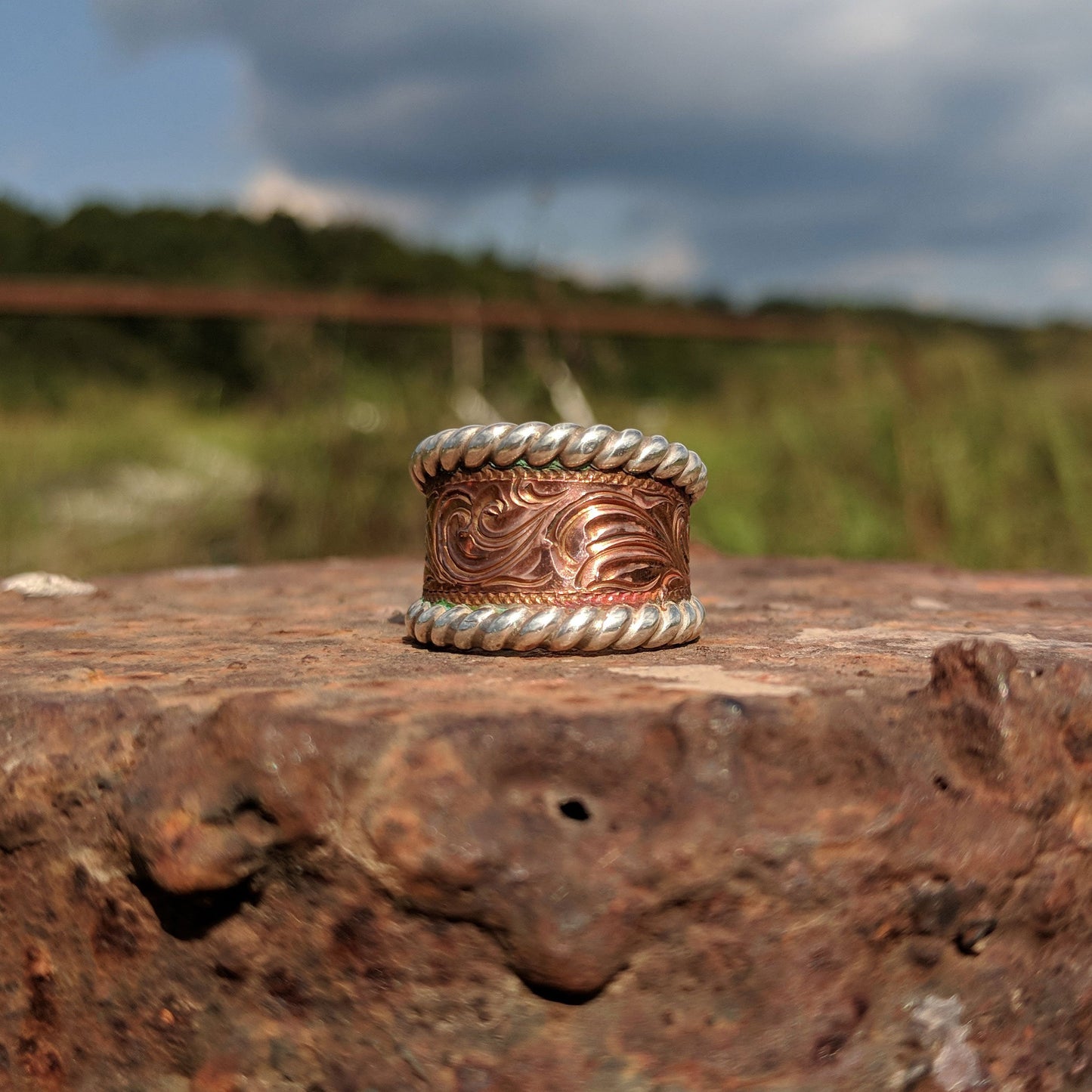 Copper Hand-Engraved Scroll Design Western Ring, Sterling Silver Rope Edge, Western Band Design RNG00016 by Loreena Rose