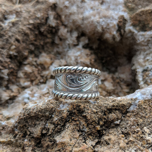 Sterling Silver Engraved Wiggle Line/Scroll Western Ring, Tapered Style, For Her, Sterling Silver Rope Edge, Design RNG00018 by Loreena Rose