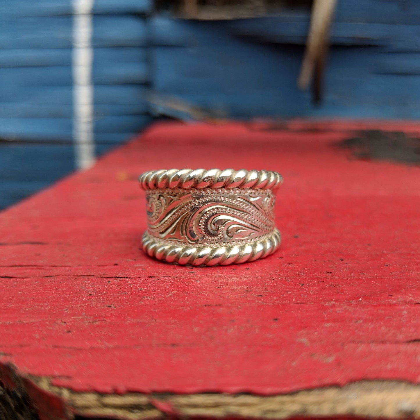 Sterling Silver Hand-Engraved Wriggle Line/Scroll Design Western Ring, Tapered Style, Gift For Her Design RNG00019 by Loreena Rose