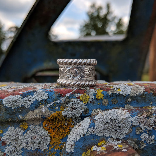 Sterling Silver Engraved Western Ring, Sterling Silver Rope Edge, Design RNG00020 by Loreena Rose