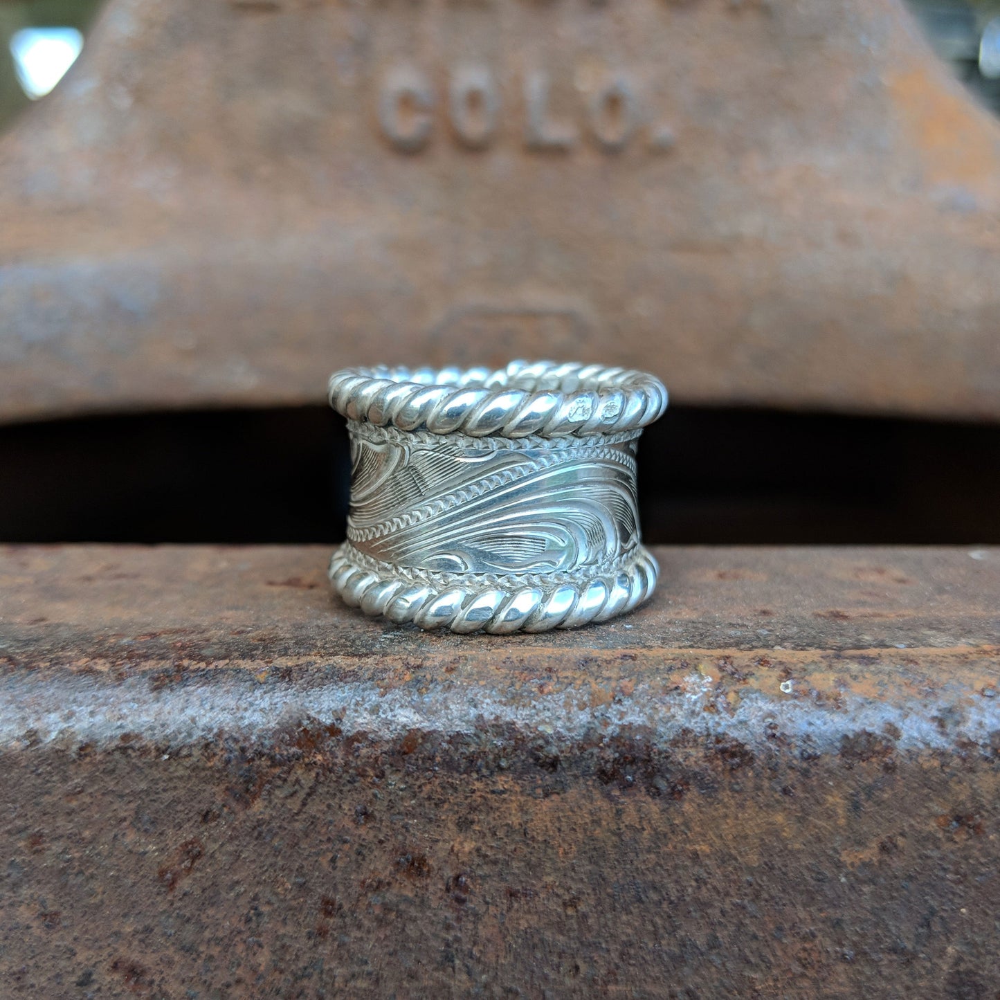 Sterling Silver Engraved Ring, Cigar Style, Sterling Silver Rope Edge, Western Ring Design RNG00021 by Loreena Rose