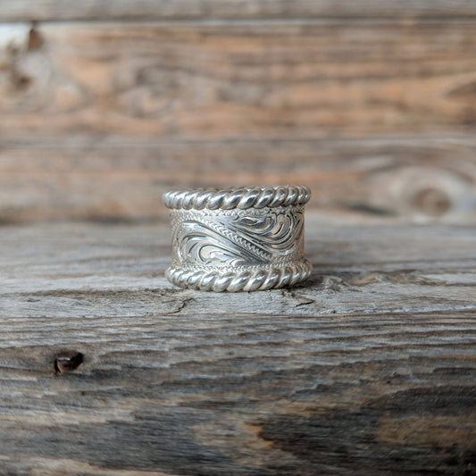 Sterling Silver Engraved Western Ring, Sterling Silver Rope Edge, Design RNG00023 by Loreena Rose