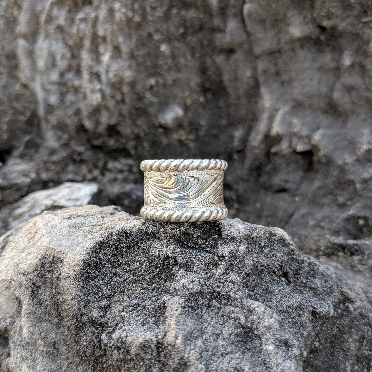 Sterling Silver Engraved Western Ring, Sterling Silver Rope Edge Design RNG00024 by Loreena Rose