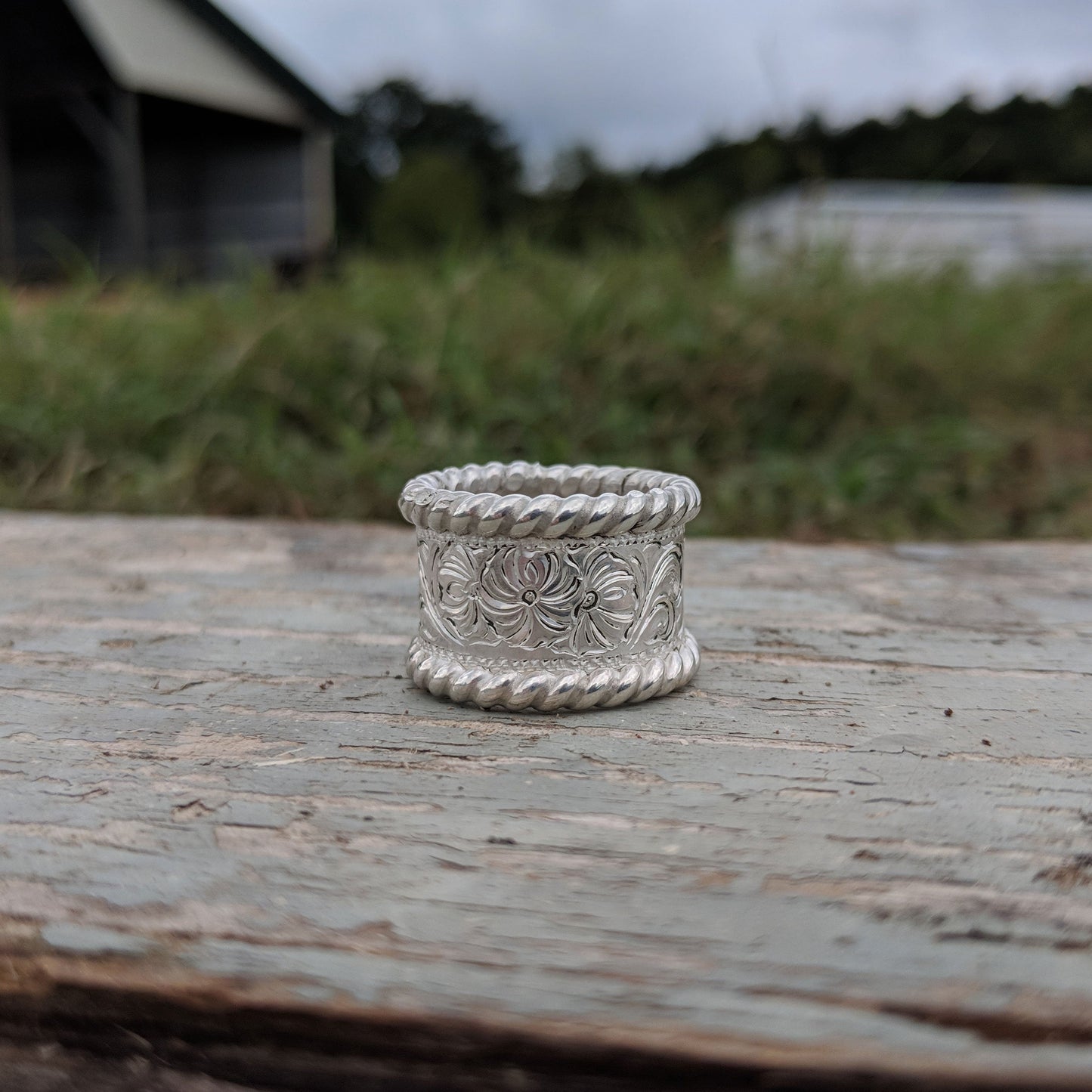 Sterling Silver Engraved Ring, Sterling Silver Rope Edge, Western Ring Design RNG00025 by Loreena Rose