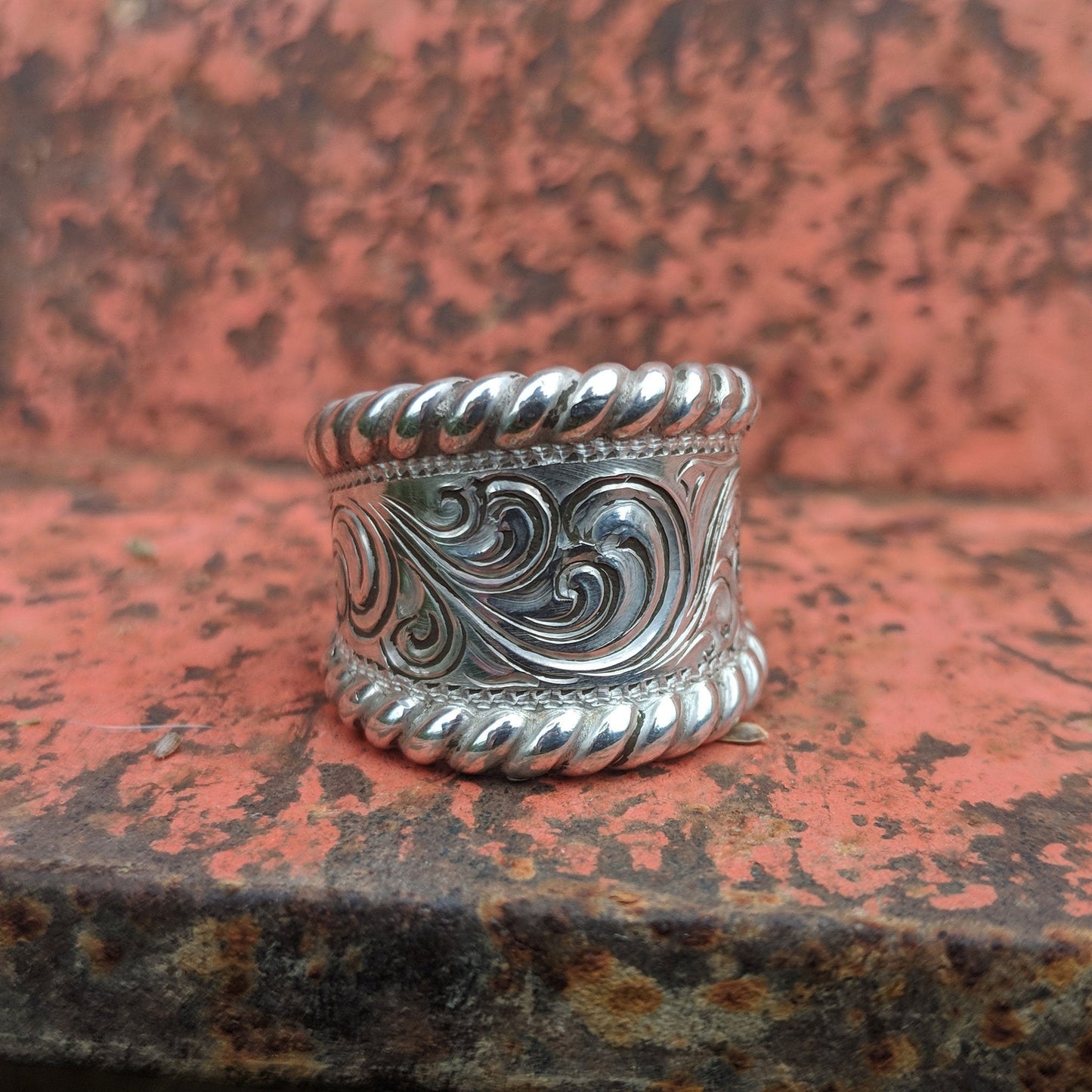 Sterling Silver Engraved Scroll Design Western Ring, For Her, Rope Edge, Design RNG00026 by Loreena Rose