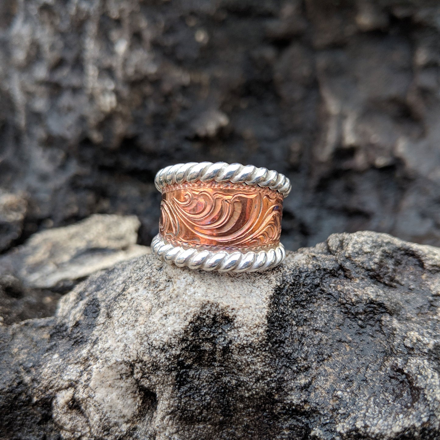 Copper Hand-Engraved Leaf Design, Sterling Silver Rope Edge, Western Band Ring Design RNG00031 by Loreena Rose