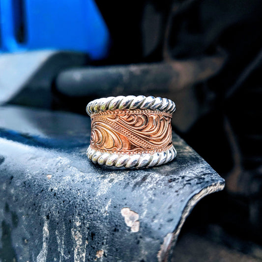 Copper Hand-Engraved Wriggle Line/Leaf Western Ring, Sterling Silver Rope Edge, Western Band Design RNG00033 by Loreena Rose
