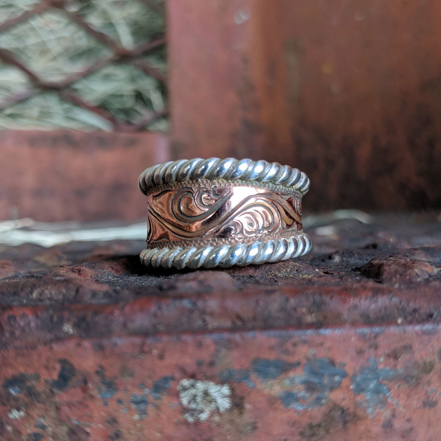 Copper Engraved, Sterling Silver Rope Edge, Western Ring Design RNG00043 by Loreena Rose
