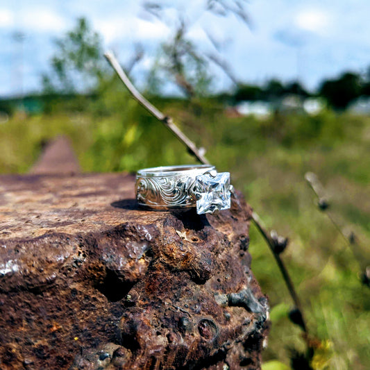 Hand Engraved Engagement Ring, Sterling Silver Western Wedding Ring, Square Stone, Anniversary Gift For Her, Design RNG00047 by Loreena Rose