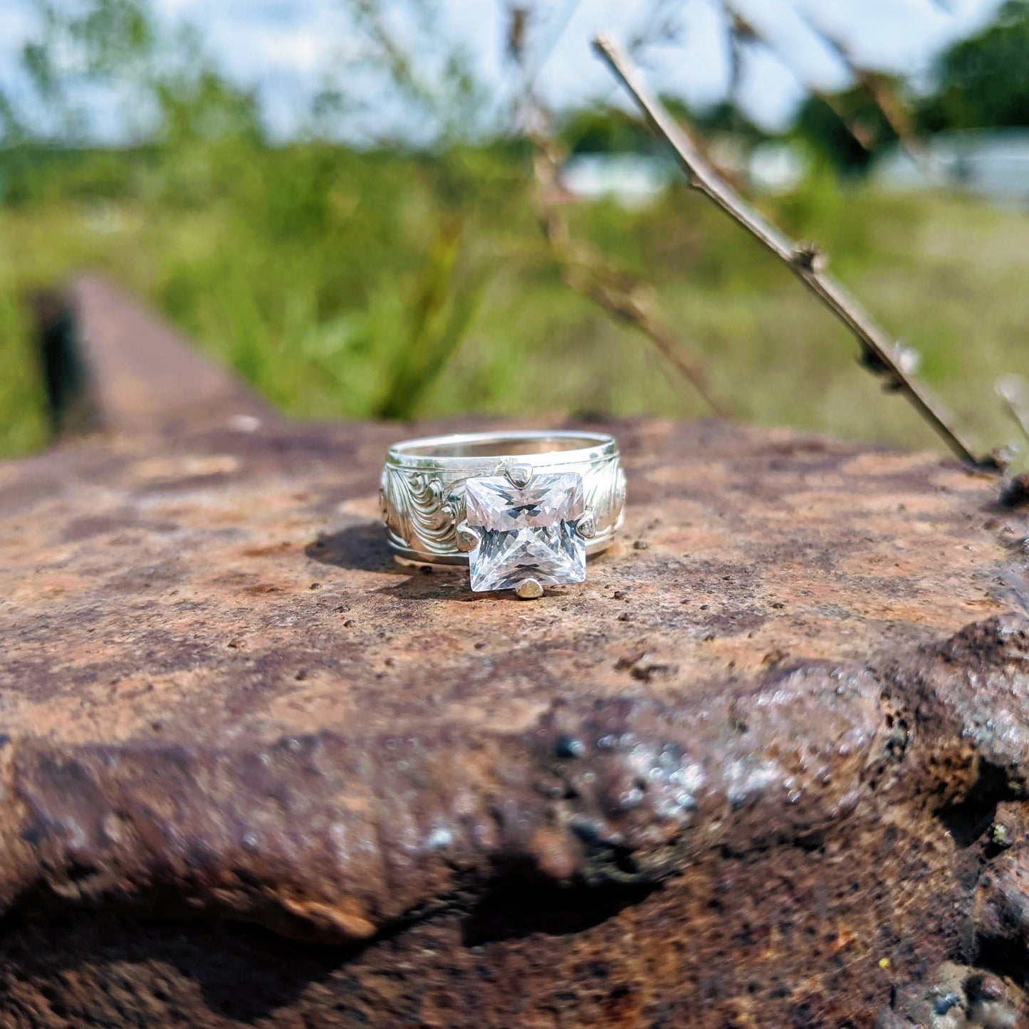 Hand Engraved Engagement Ring, Sterling Silver Western Wedding Ring, Square Stone, Anniversary Gift For Her, Design RNG00047 by Loreena Rose