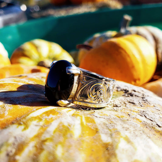 Sterling Silver Engraved Ring with Oval Black Onyx Stone Design RNG00049 by Loreena Rose