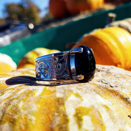 Sterling Silver Engraved Ring with Oval Black Onyx Stone Design RNG00049 by Loreena Rose