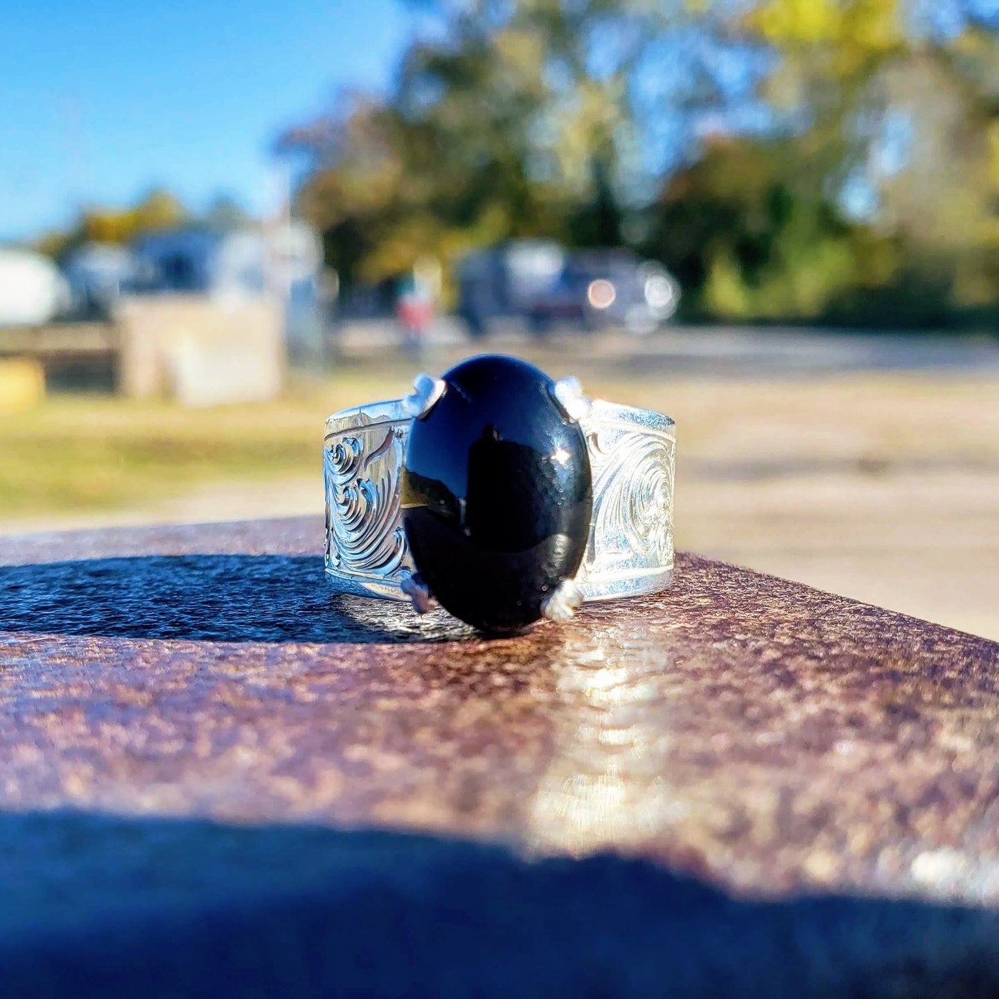 Sterling Silver Engraved Ring with Oval Black Onyx Stone Design RNG00049 by Loreena Rose