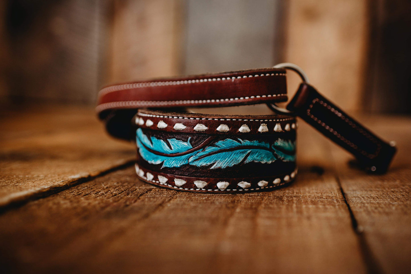 Leather Cross Body Camera Strap - Buck-stitched Painted Hand Tooled Feather Design