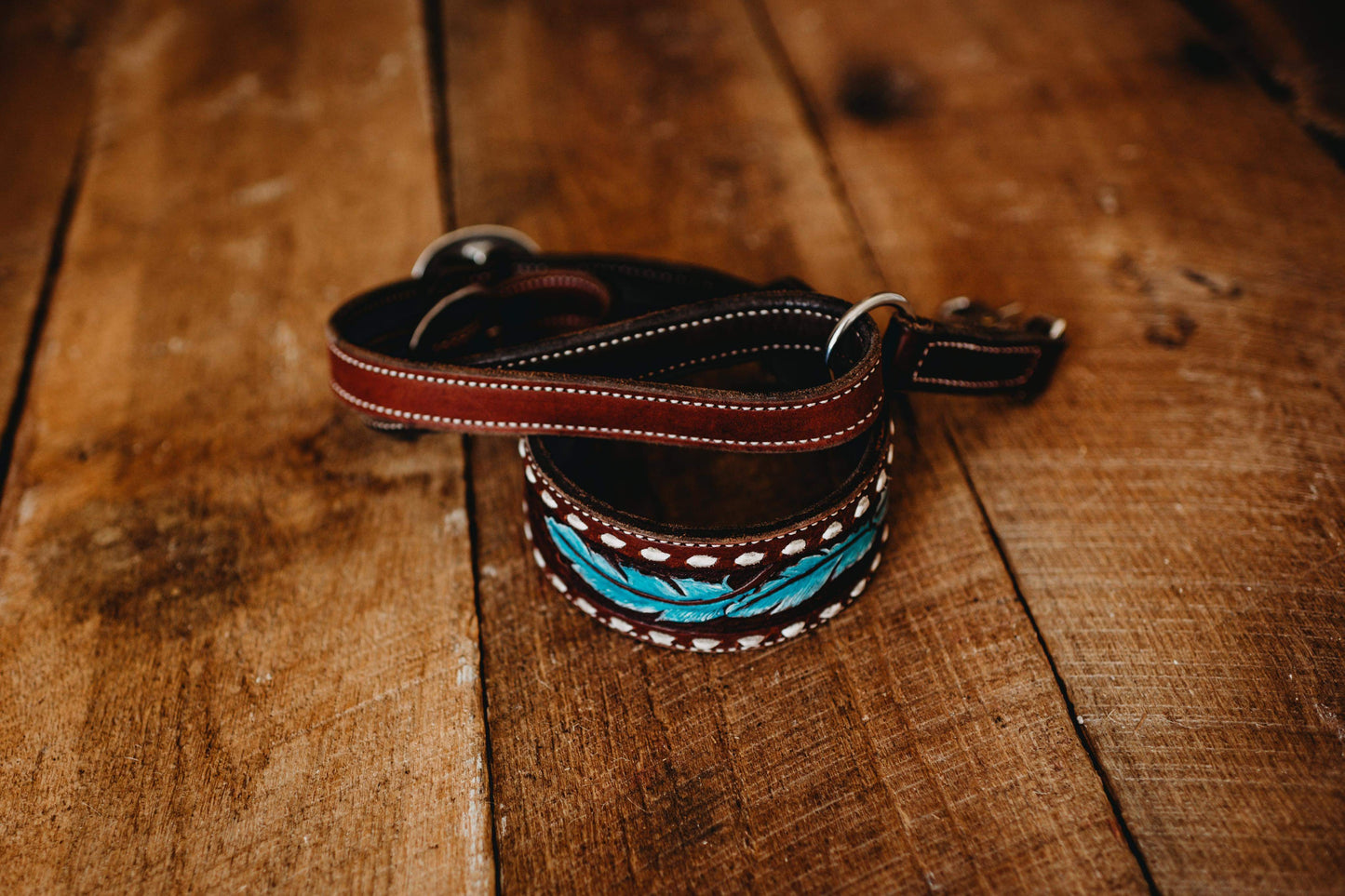 Leather Cross Body Camera Strap - Buck-stitched Painted Hand Tooled Feather Design